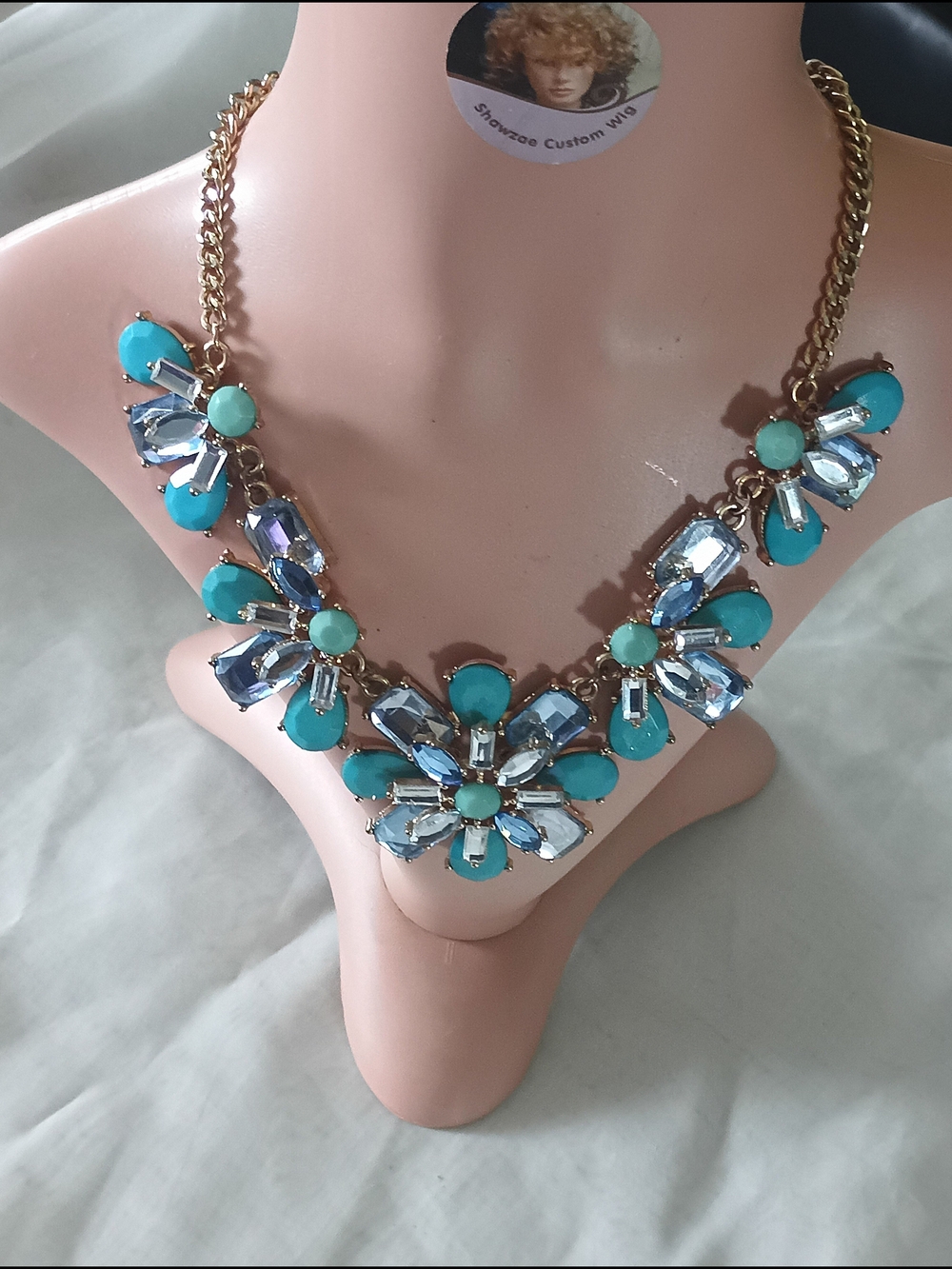 Vintage Turquoise and Light Blue Floral Crystal Necklace - Gold